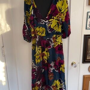 London Times Navy Midi Dress with Yellow and Magenta Floral Print